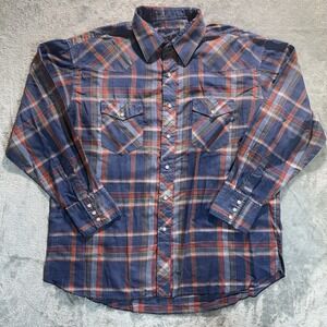 Vintage Wrangler Shirt Mens 17.5-35‎ Tall X Long Tails Plaid Blue Red Pearl Snap